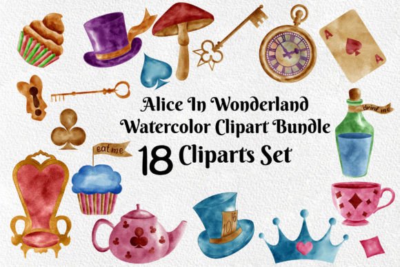 Alice in Wonderland Watercolor Clipart Illustrations