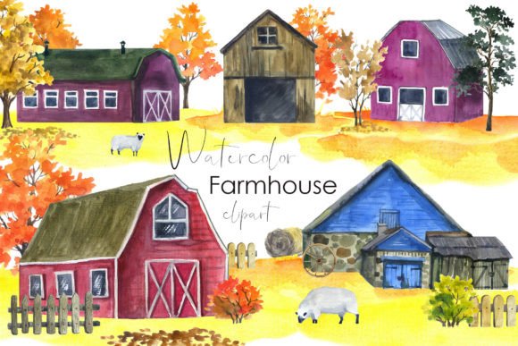 Fall Farmhouse Watercolor Clipart Png Illustrations