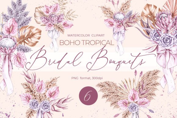 Watercolor Boho Bridal Bouquets Clipart for Handmade Craft & Cricut Projects