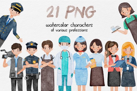 Watercolor Cartoon Characters: 21 Png for Real Embroidery Projects