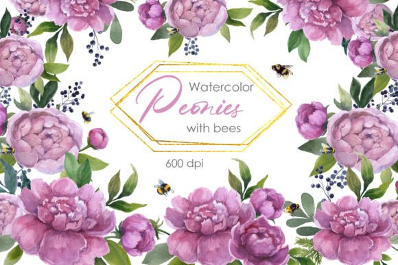 Watercolor Clipart: Peonies and Bees Illustrations for Cricut & Handmade Crafts
