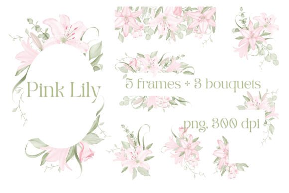 Watercolor Frames Bouquets Pink Lilies Illustrations