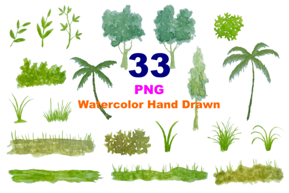 Watercolor Grass, Tree, Bush and Ground Illustrations