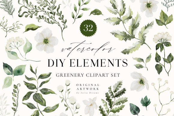 Watercolor Greenery Digital Clipart Set Illustrations