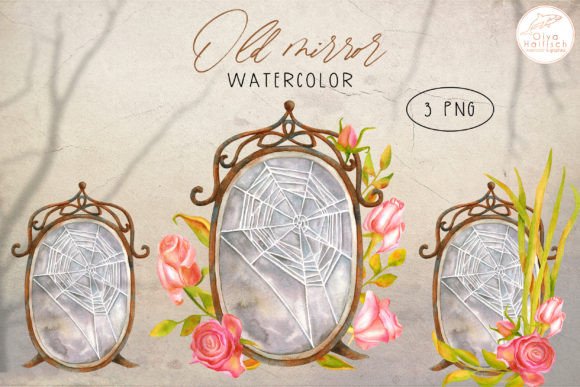 Watercolor Old Broken Mirror Clipart in Illustrations