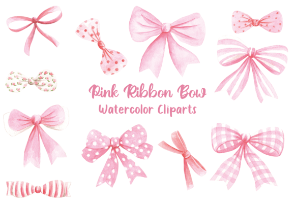 Watercolor Pink Bow Ribbon Clipart PNG Illustrations