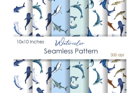 Watercolor Shark Seamless Pattern JPEG for Illustrations