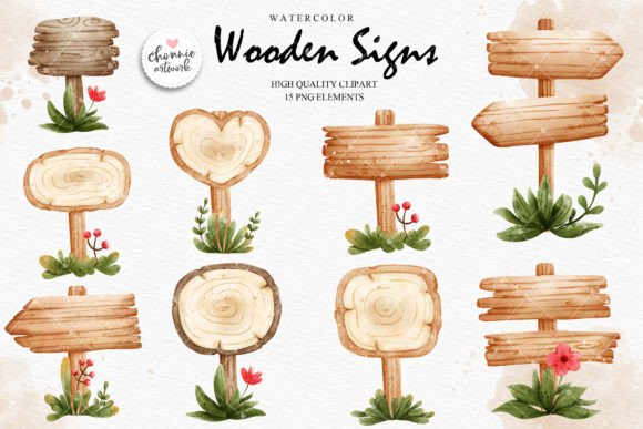 Watercolor Wooden Signs Clipart: Illustrations for Branding