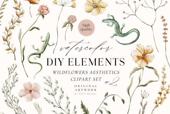 Wildflower Aesthetics Watercolor Lizard Illustrations for Crafting